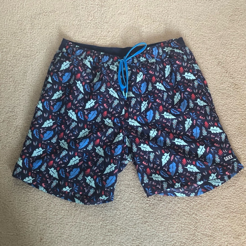 Saxx Navy Swim Shorts with Blue Aqua Leaf Print